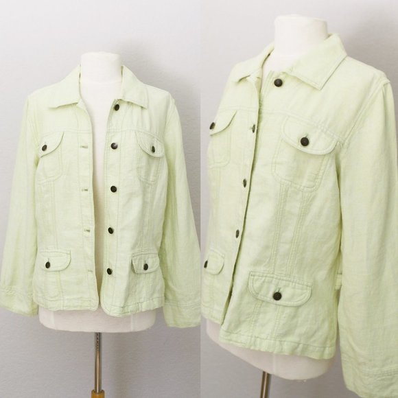 J. Jill 100% Linen Women's Relaxed Fit Cargo Pockets Jacket Washed Lime Green M - Picture 1 of 14